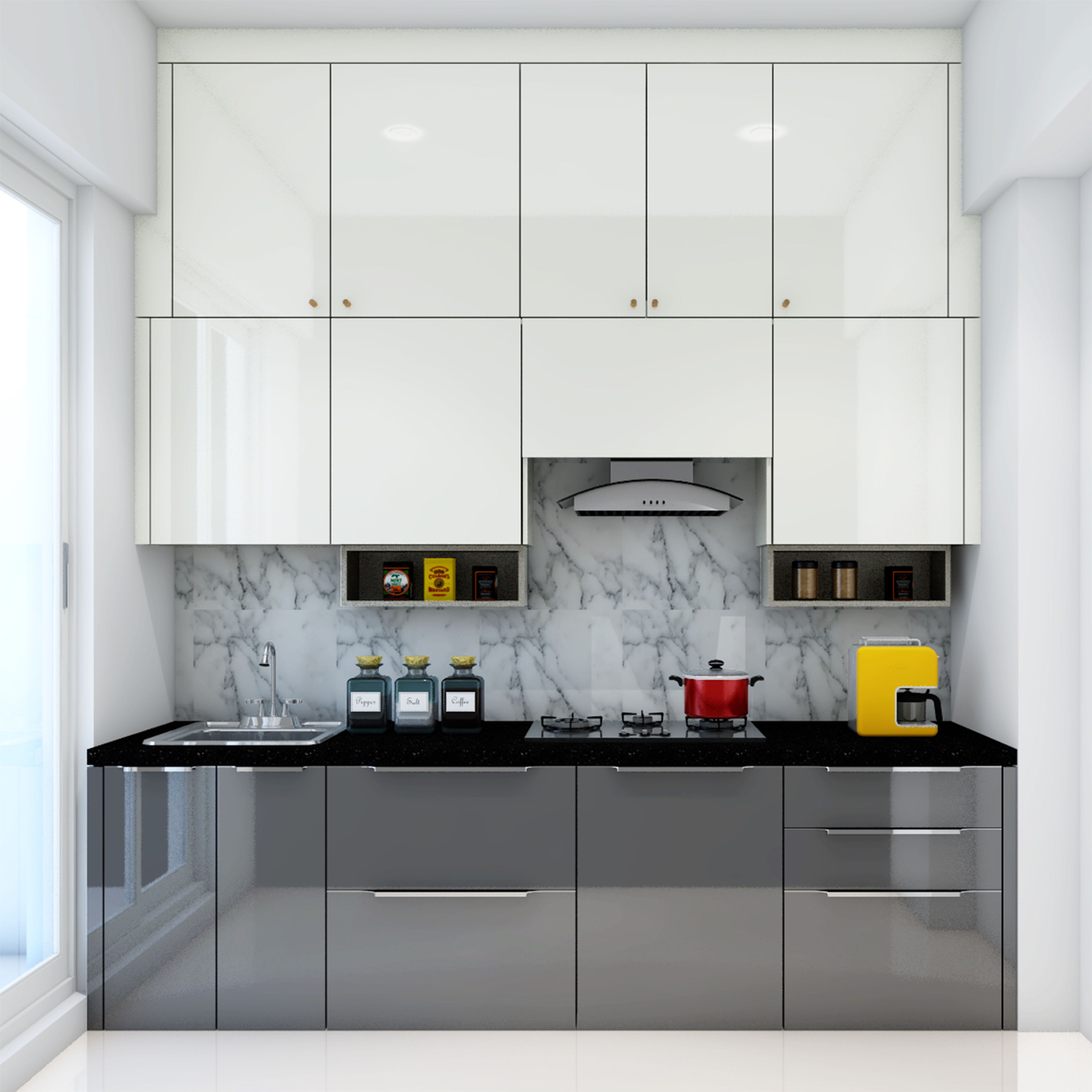 Modern kitchen with white high gloss laminate, grey high gloss laminate, and marble backsplash in Bengaluru | Material Depot