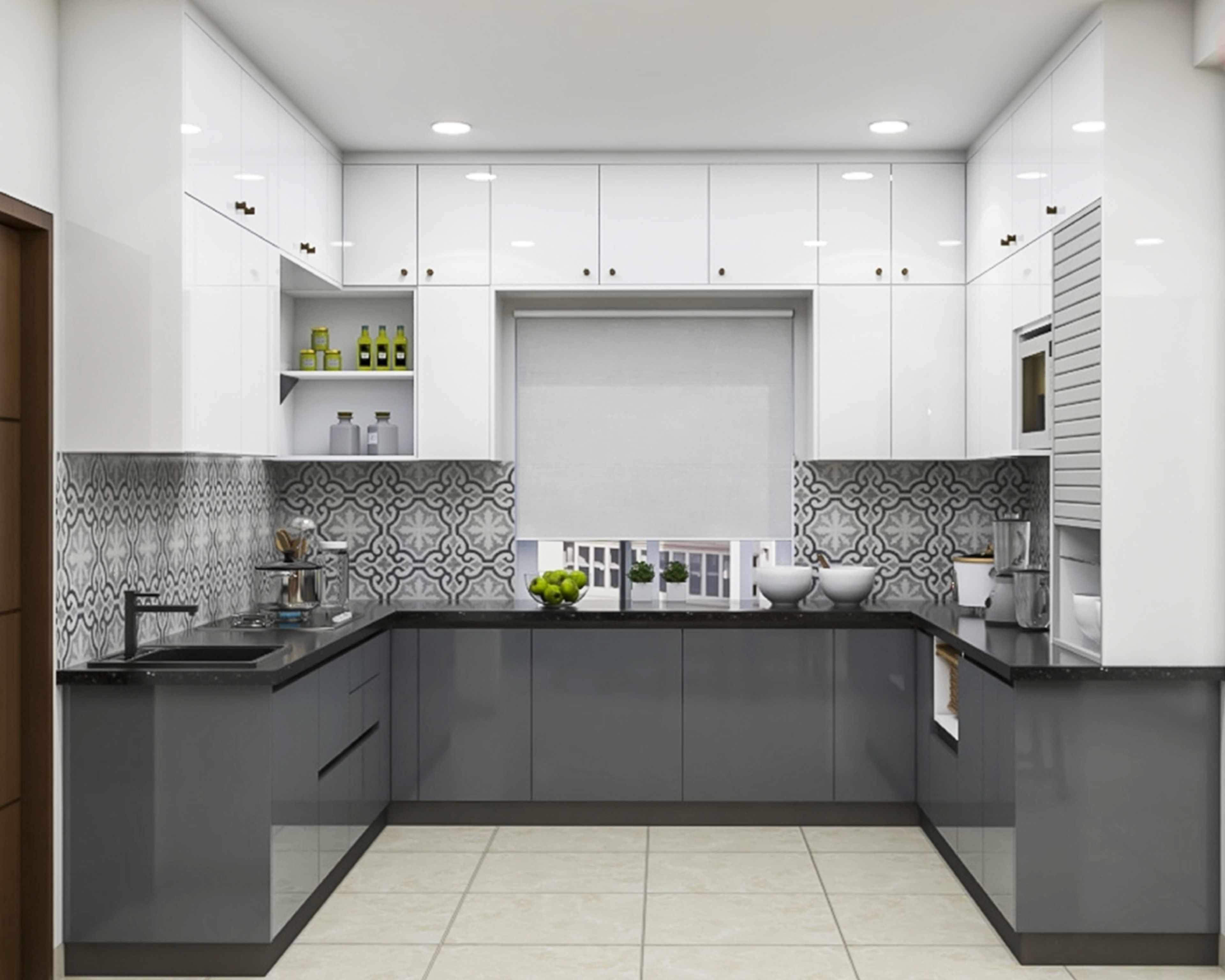 Modern kitchen with white high gloss laminate, grey high gloss laminate, and patterned moroccan backsplash tiles in Bengaluru | Material Depot