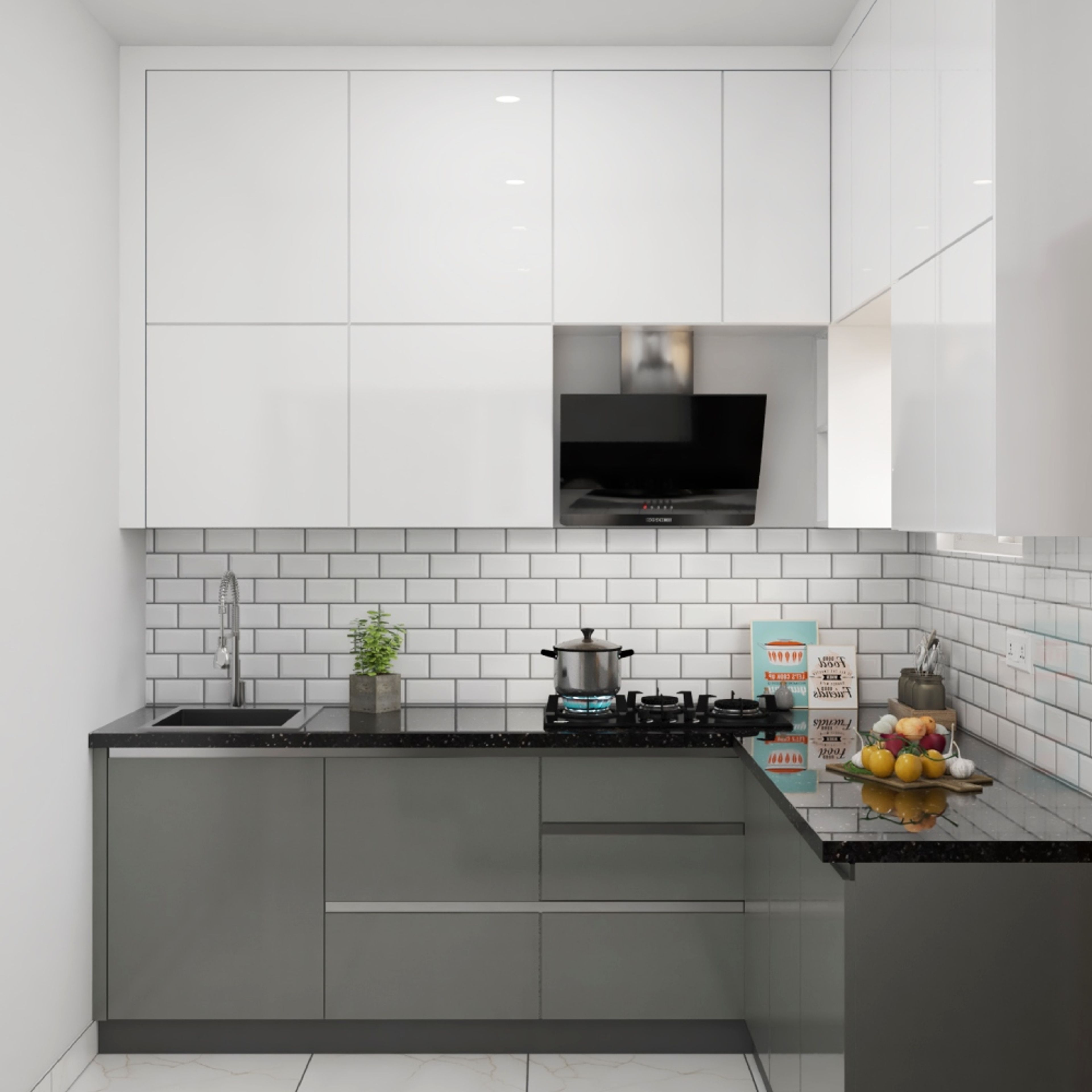 Modern kitchen with white high gloss laminate, grey matte laminate, black granite countertop, and white subway backsplash tiles in Bengaluru | Material Depot