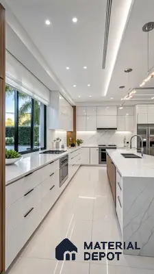 Modern kitchen with white high gloss laminate, marble-look quartz countertop, and marble tile flooring in Bengaluru | Material Depot