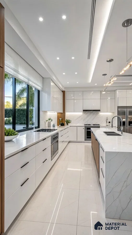 Modern kitchen with white high gloss laminate, marble-look quartz countertop, and marble tile flooring in Bengaluru | Material Depot