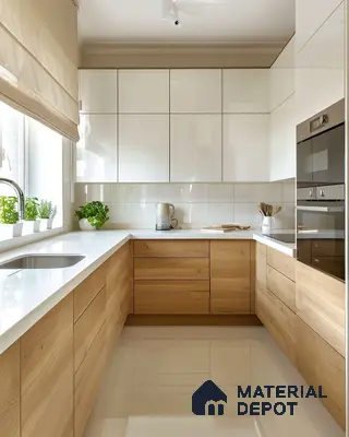 Modern kitchen with white high gloss laminate, natural oak wood laminate, and white quartz countertop in Bengaluru | Material Depot