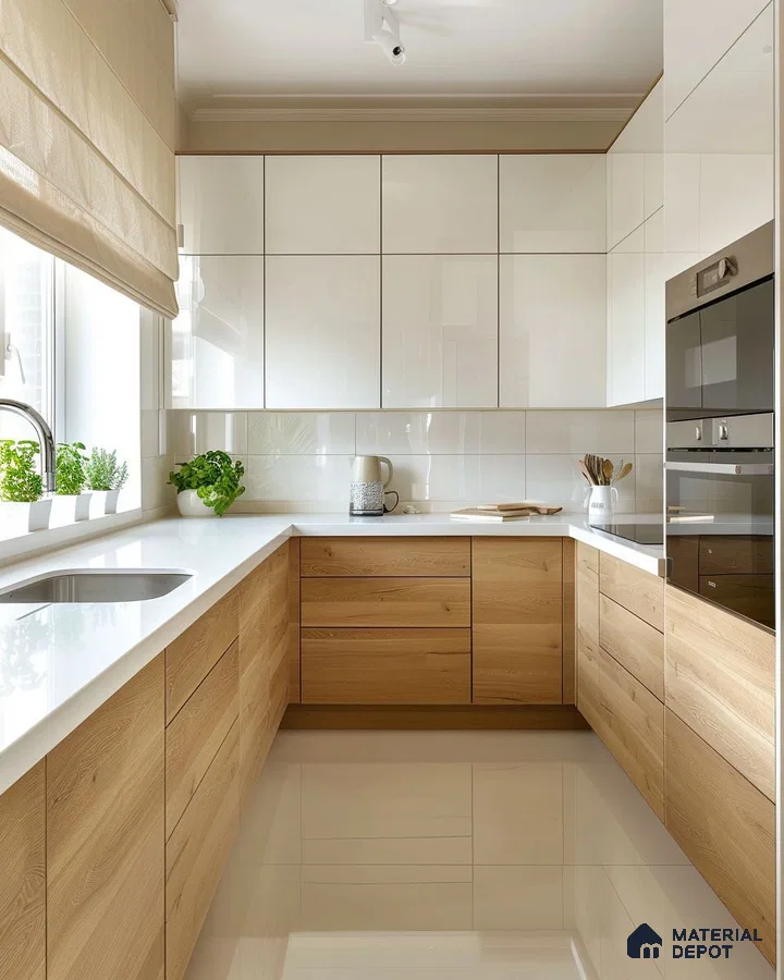 Modern kitchen with white high gloss laminate, natural oak wood laminate, and white quartz countertop in Bengaluru | Material Depot