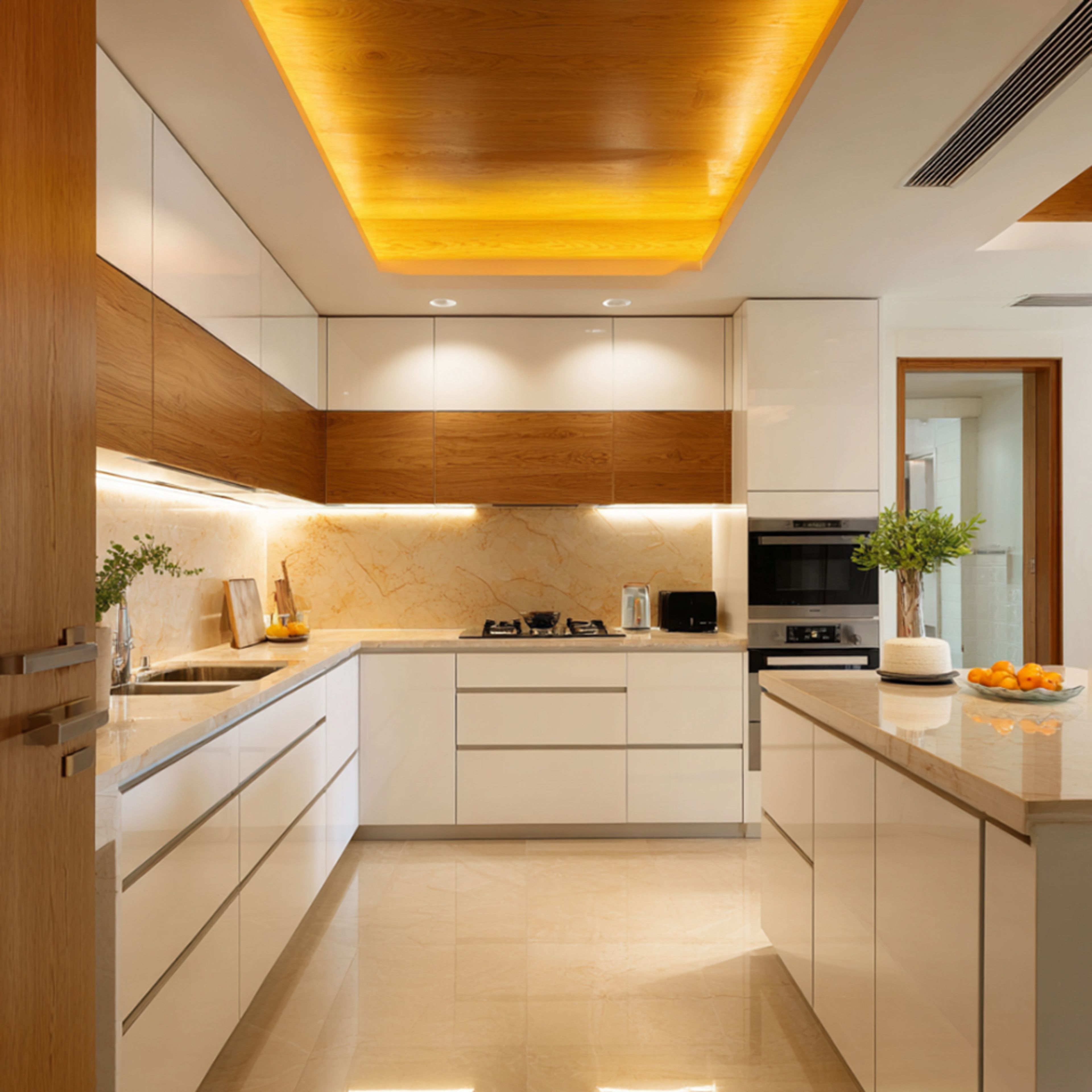 Modern kitchen with white high gloss laminate, oak wood laminate, and beige marble backsplash in Bengaluru | Material Depot