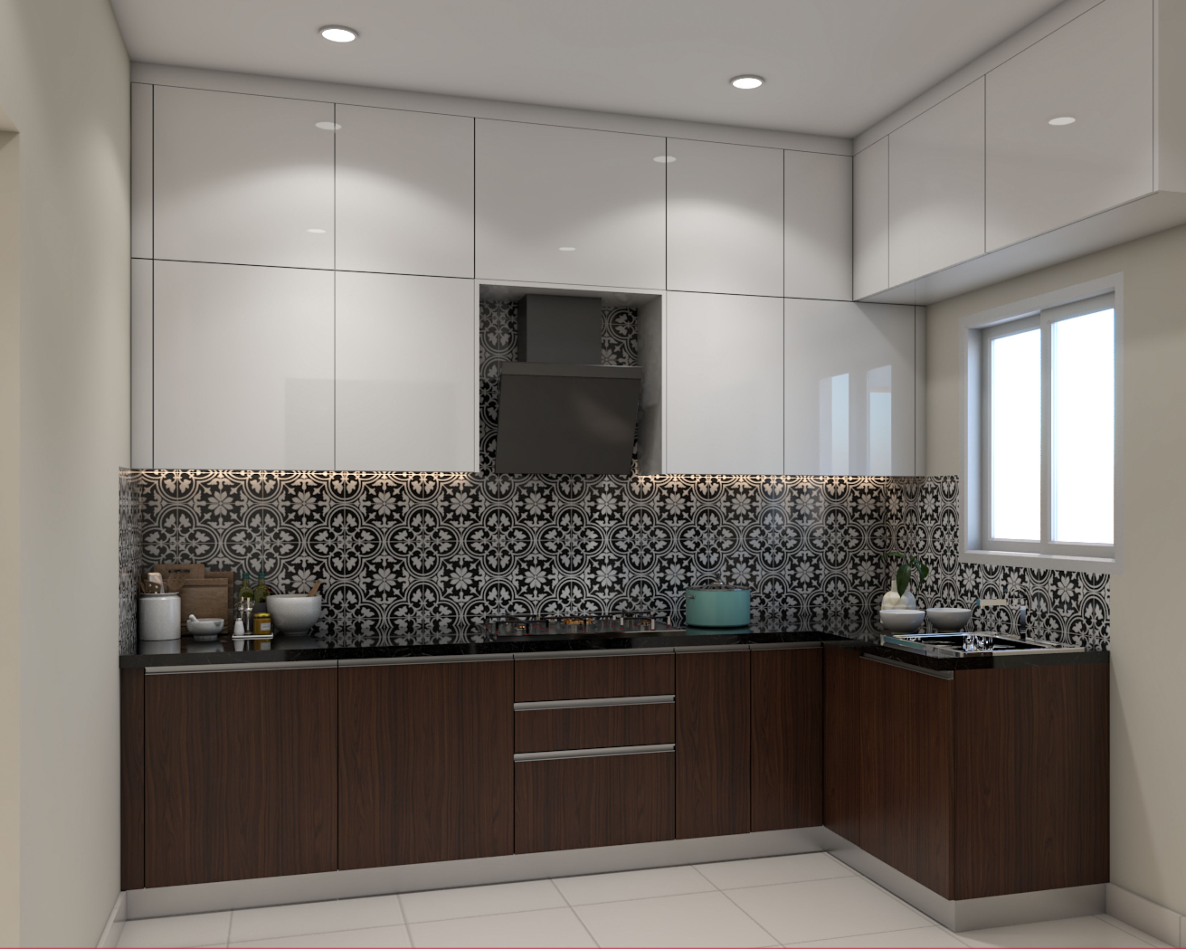 Modern kitchen with white high gloss laminate, walnut brown laminate, and black-and-white moroccan backsplash tiles in Bengaluru | Material Depot