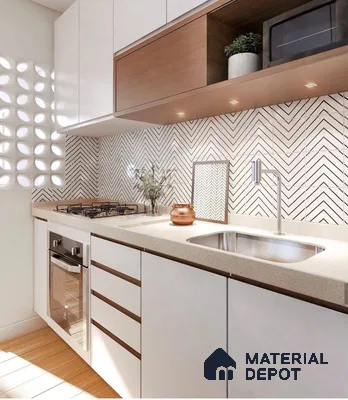Modern kitchen with white laminate cabinets, beige quartz countertop, and chevron patterned backsplash tiles in Bengaluru | Material Depot