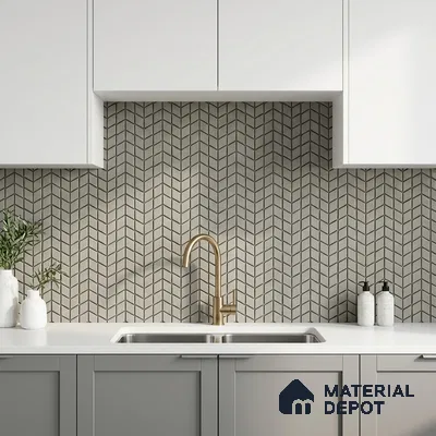 Modern kitchen with white laminate cabinets, grey base cabinets, and geometric chevron backsplash tile