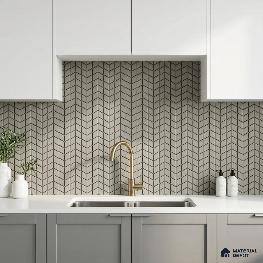 Modern kitchen with white laminate cabinets, grey base cabinets, and geometric chevron backsplash tile