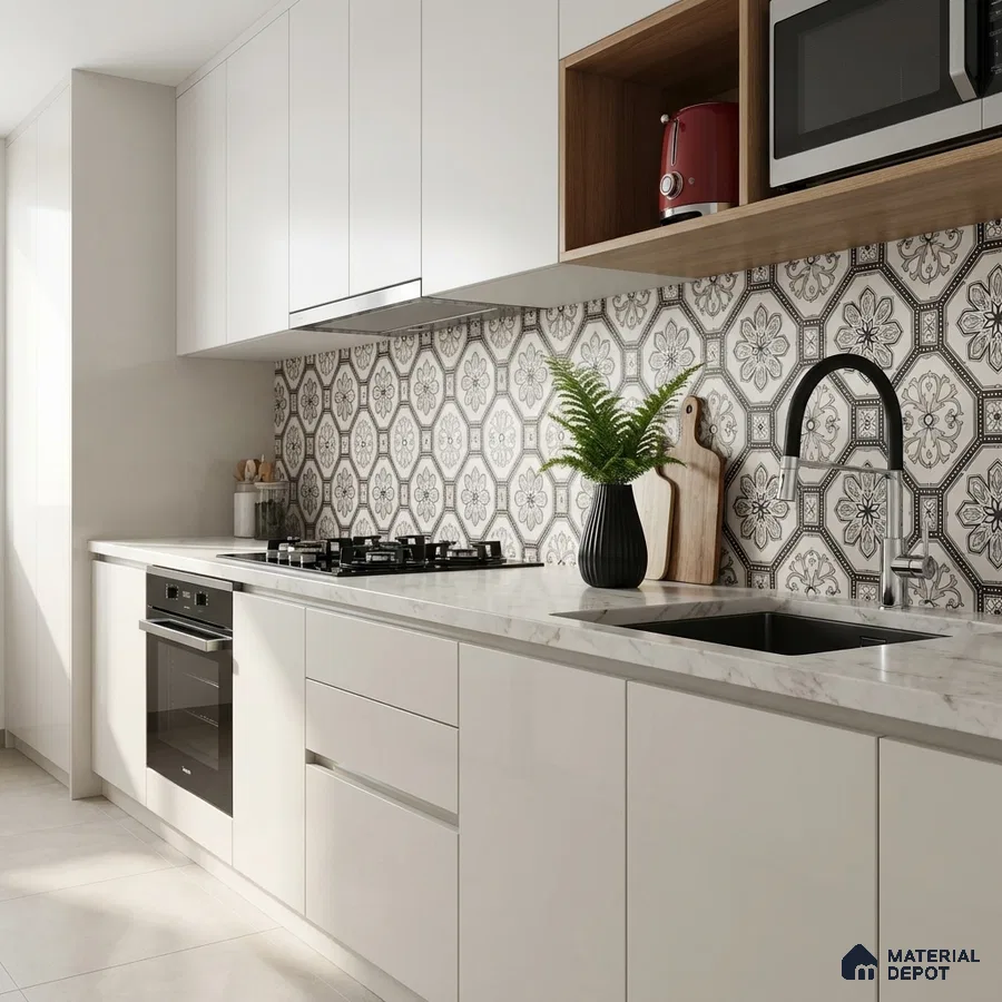 Modern kitchen with white laminate cabinets, marble-look countertop, and black-and-white geometric floral backsplash tiles