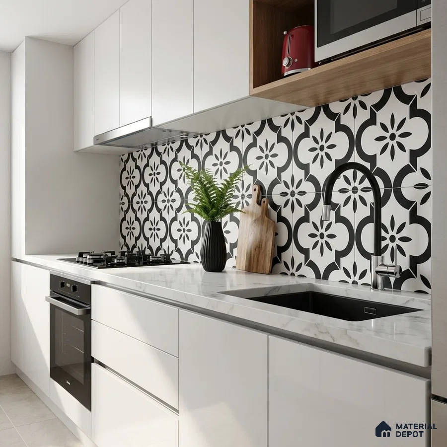 Modern kitchen with white laminate cabinets, marble-look countertop, and black-and-white geometric patterned backsplash tiles
