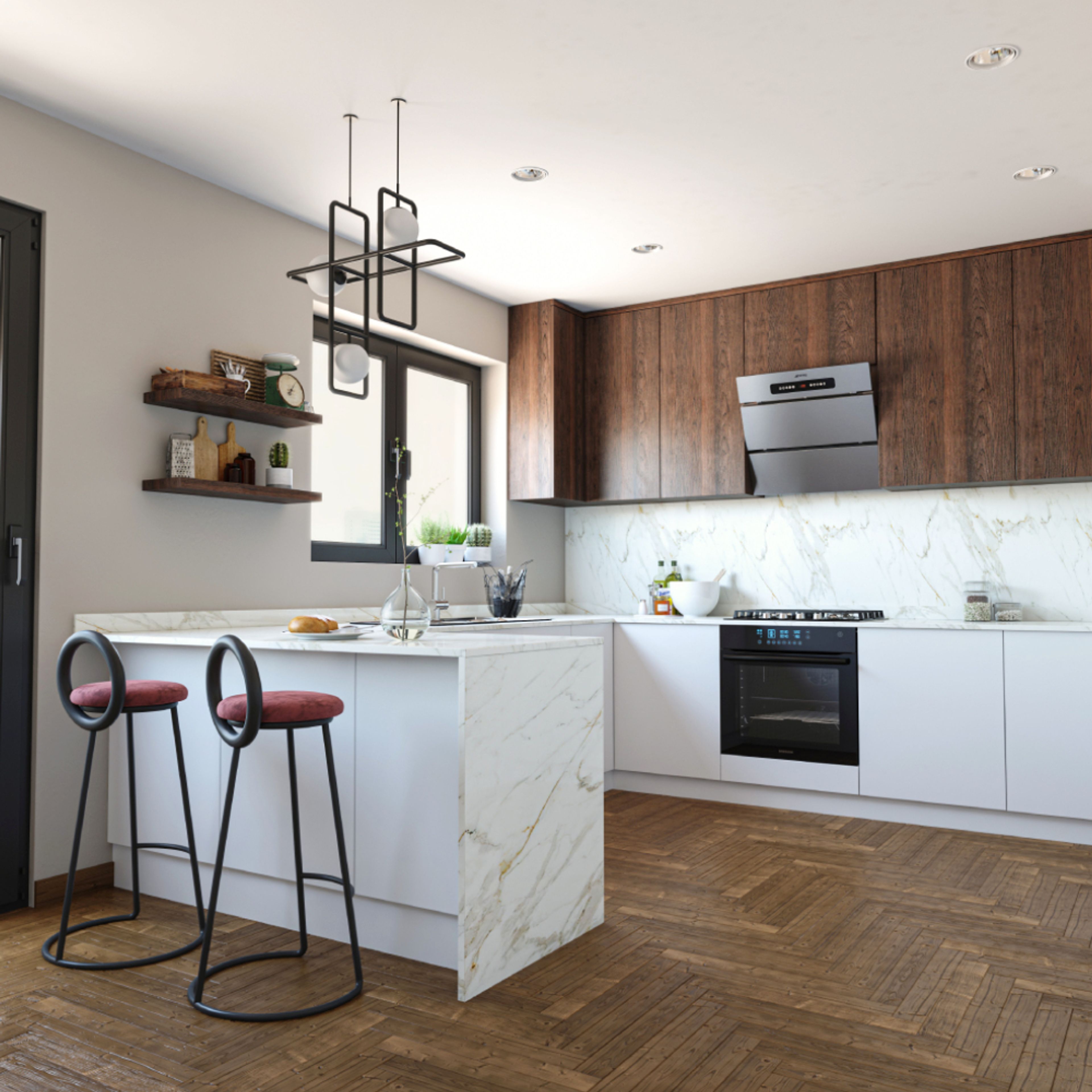 Modern kitchen with white marble laminate, walnut wood laminate, and herringbone wooden floor tile in Bengaluru | Material Depot