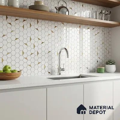 Modern kitchen with white quartz countertop and gold-accent hexagonal backsplash tiles
