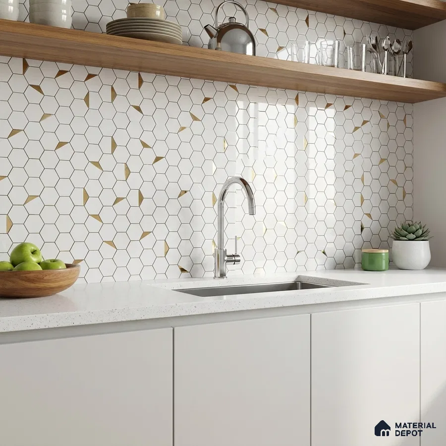 Modern kitchen with white quartz countertop and gold-accent hexagonal backsplash tiles