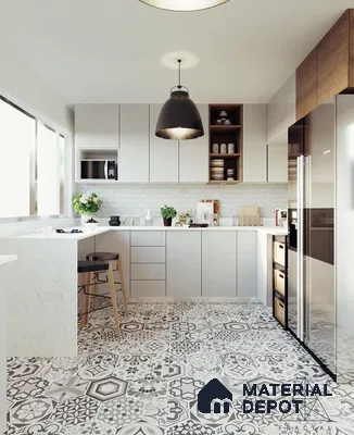 Modern kitchen with white quartz countertop, frosty white laminate cabinets, and patterned grey moroccan floor tiles in Bengaluru | Material Depot