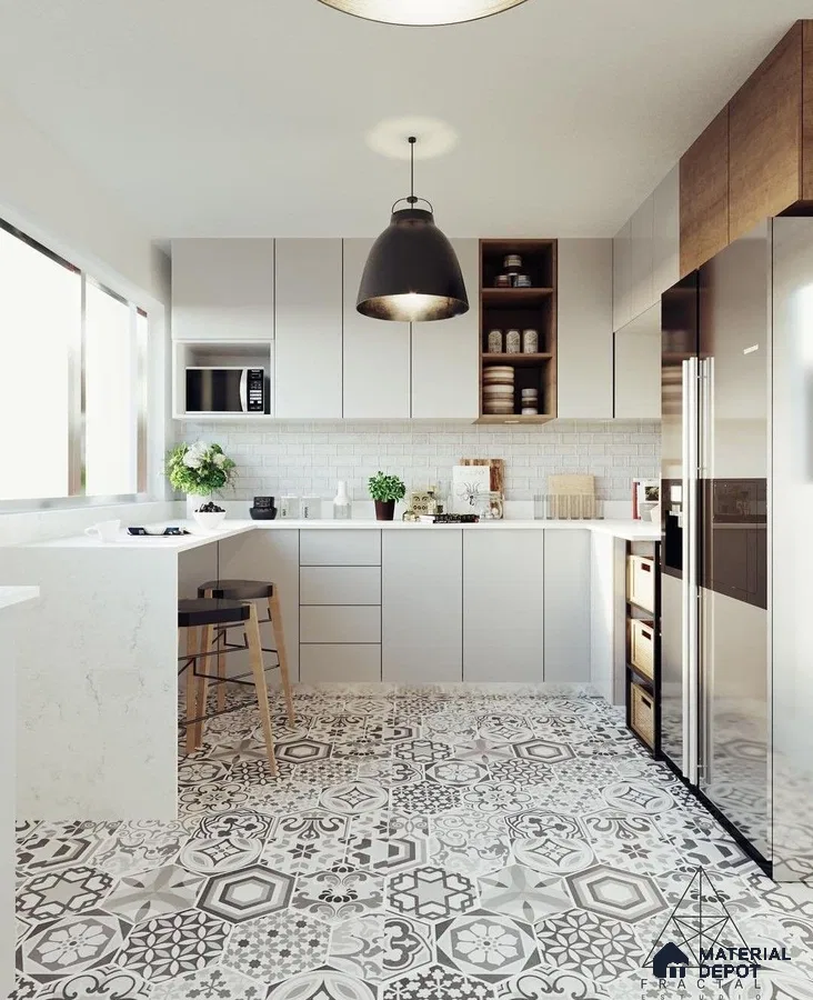 Modern kitchen with white quartz countertop, frosty white laminate cabinets, and patterned grey moroccan floor tiles in Bengaluru | Material Depot