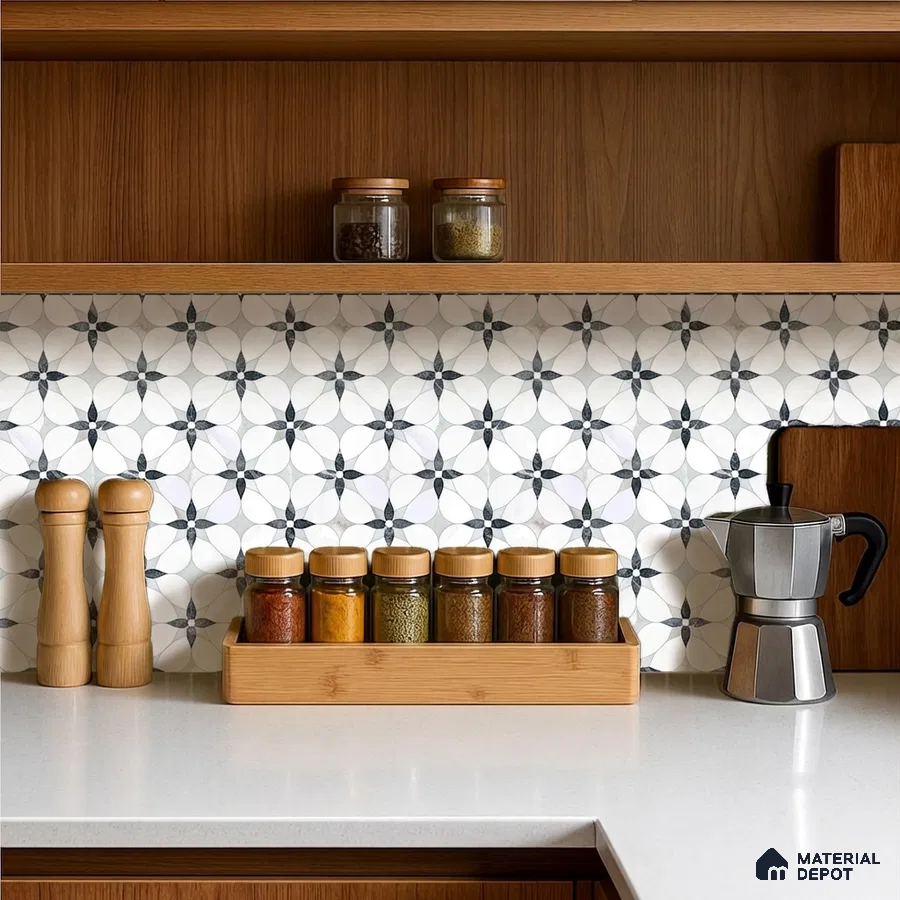 Modern kitchen with white quartz countertop, oak wood laminate cabinets, and black-and-white geometric patterned backsplash tile