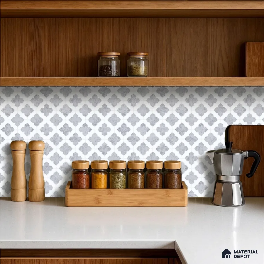Modern kitchen with white quartz countertop, oak wood laminate cabinets, and grey moroccan patterned backsplash tile