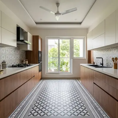 Modern kitchen with white solid laminate, walnut wood laminate, patterned backsplash tile, and geometric floor tile