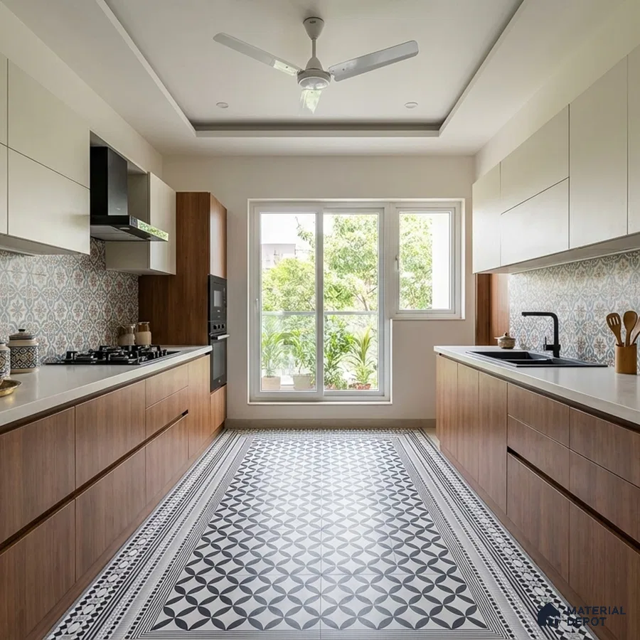 Modern kitchen with white solid laminate, walnut wood laminate, patterned backsplash tile, and geometric floor tile