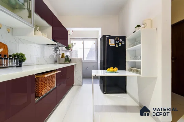 Modern kitchen with wine high gloss laminate cabinets and white marble-look backsplash in Bengaluru | Material Depot