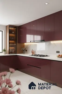 Modern kitchen with wine red high gloss laminate, white marble backsplash, and white marble floor tiles in Bengaluru