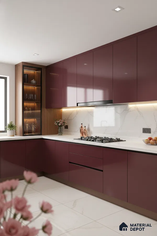 Modern kitchen with wine red high gloss laminate, white marble backsplash, and white marble floor tiles in Bengaluru