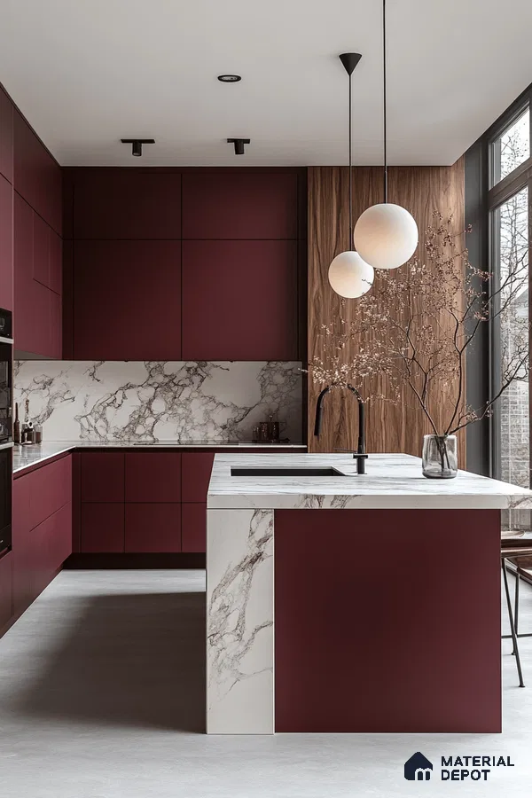Modern kitchen with wine red matte laminate, white marble-look backsplash and countertop, and walnut wood accent in Bengaluru | Material Depot