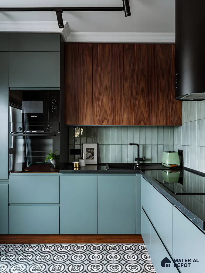 Modern Kitchen With Wood And Matte Finish Laminate Cabinets | Material Depot