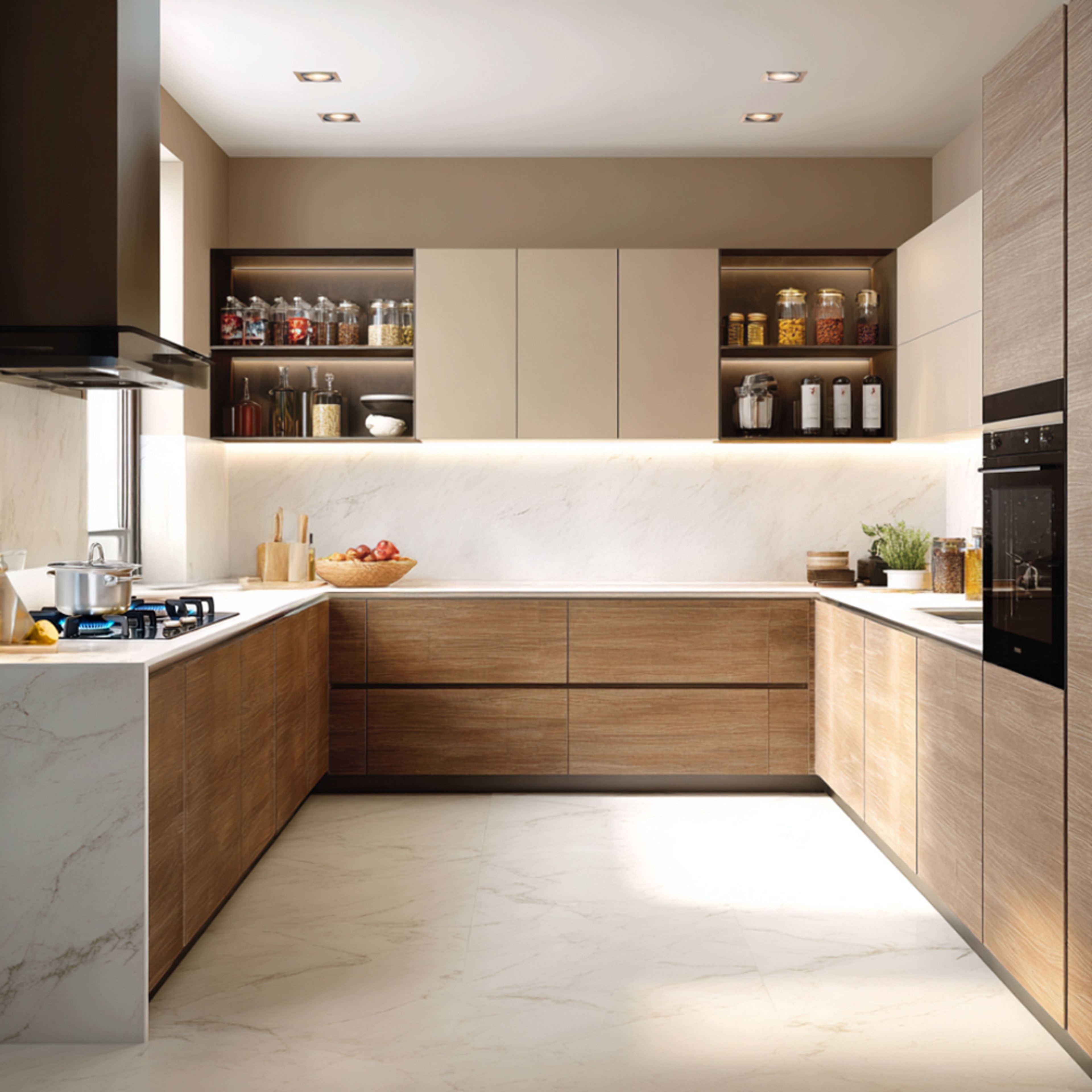 Modern kitchen with wood grain laminate cabinets and white marble-look quartz countertop in Bengaluru | Material Depot