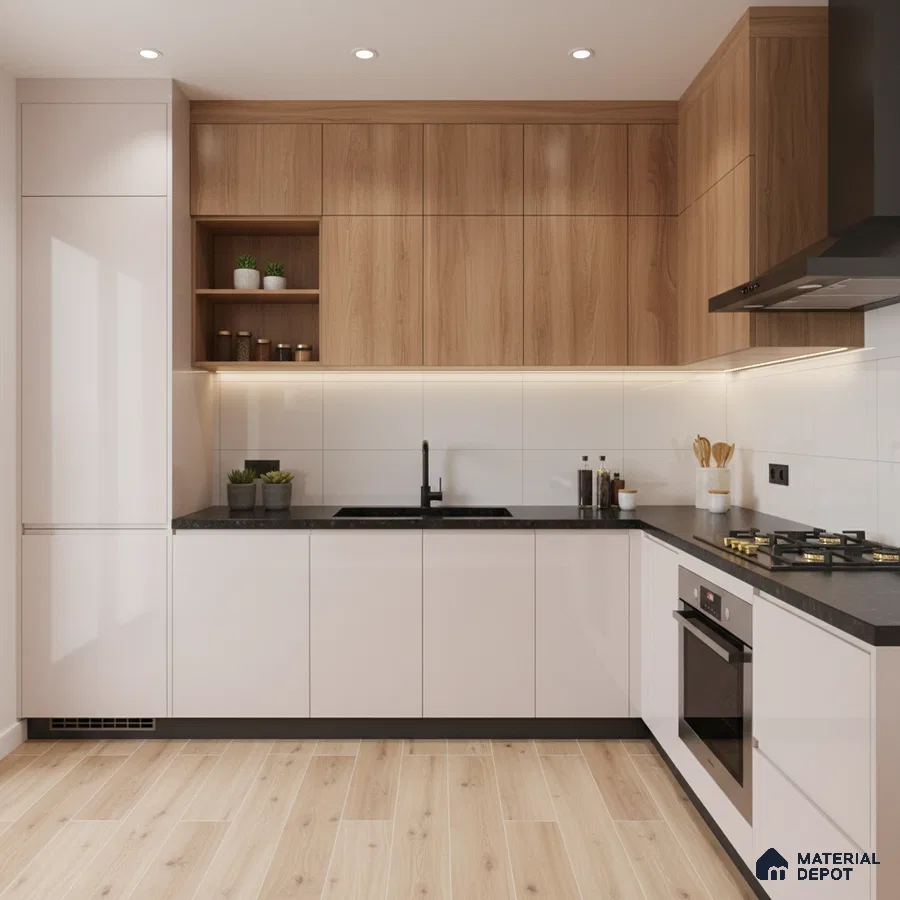 Modern kitchen with wood grain laminate, frosty white laminate, and black quartz countertop in Bengaluru