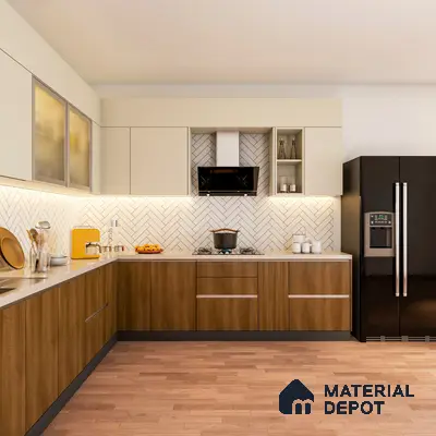 Modern kitchen with wood grain laminate, frosty white laminate, and herringbone subway tile backsplash in Bengaluru | Material Depot