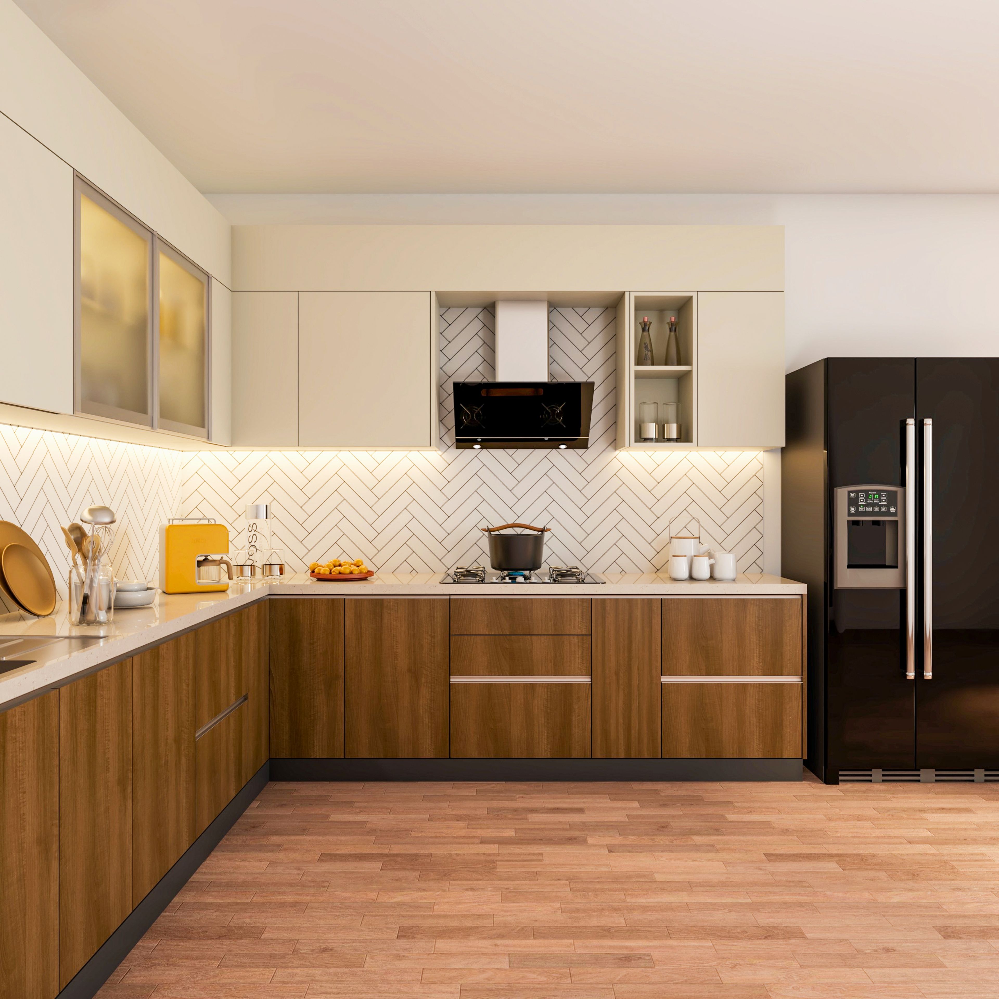 Modern kitchen with wood grain laminate, frosty white laminate, and herringbone subway tile backsplash in Bengaluru | Material Depot