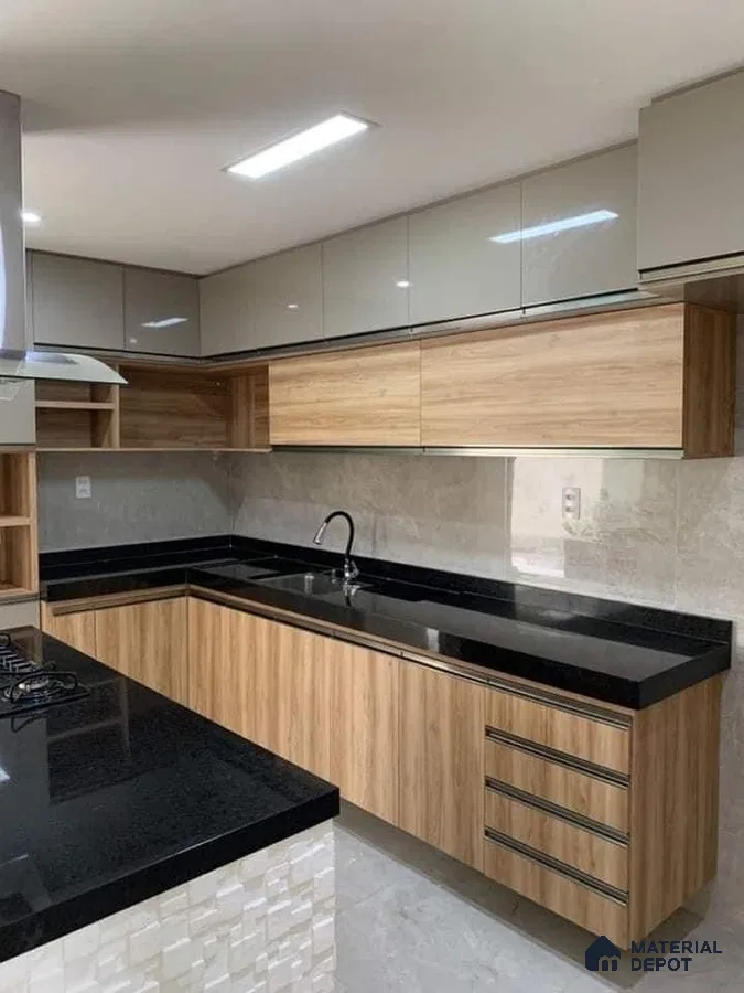 Modern kitchen with wood grain laminate, glossy beige laminate, and black granite countertop in Bengaluru | Material Depot