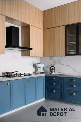 Modern Kitchen With Wooden Cabinetry And Blue Accents | Material Depot