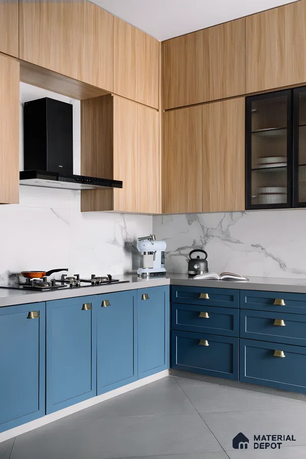 Modern Kitchen With Wooden Cabinetry And Blue Accents | Material Depot