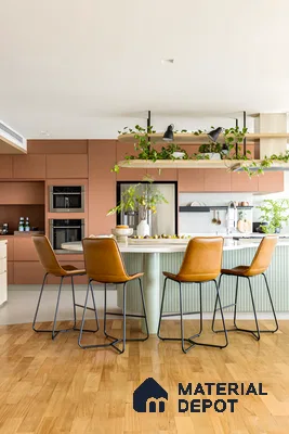 Modern Kitchen With Wooden Flooring And Laminate Cabinets | Material Depot
