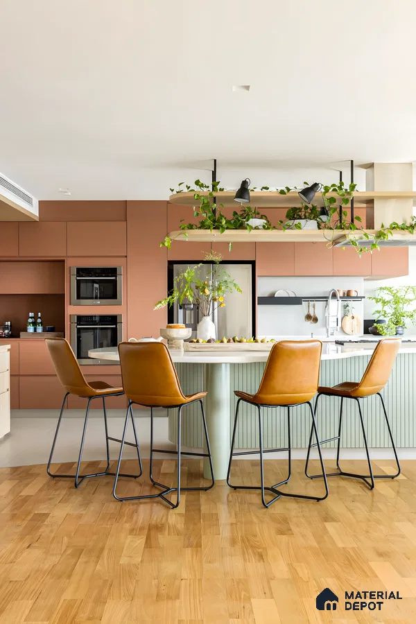 Modern Kitchen With Wooden Flooring And Laminate Cabinets | Material Depot