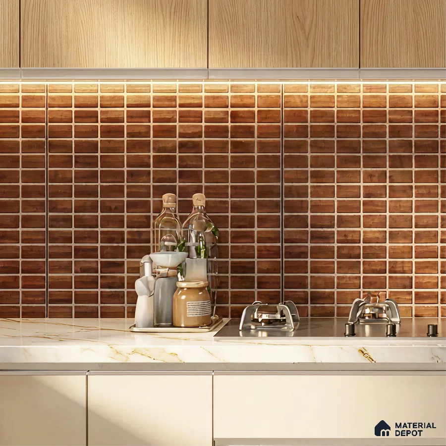 Modern kitchen with wood-look upper laminate, brown kitkat backsplash tile, and white marble countertop