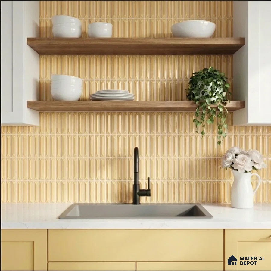 Modern kitchen with yellow geometric backsplash tile, white quartz countertop, and light wood open shelves