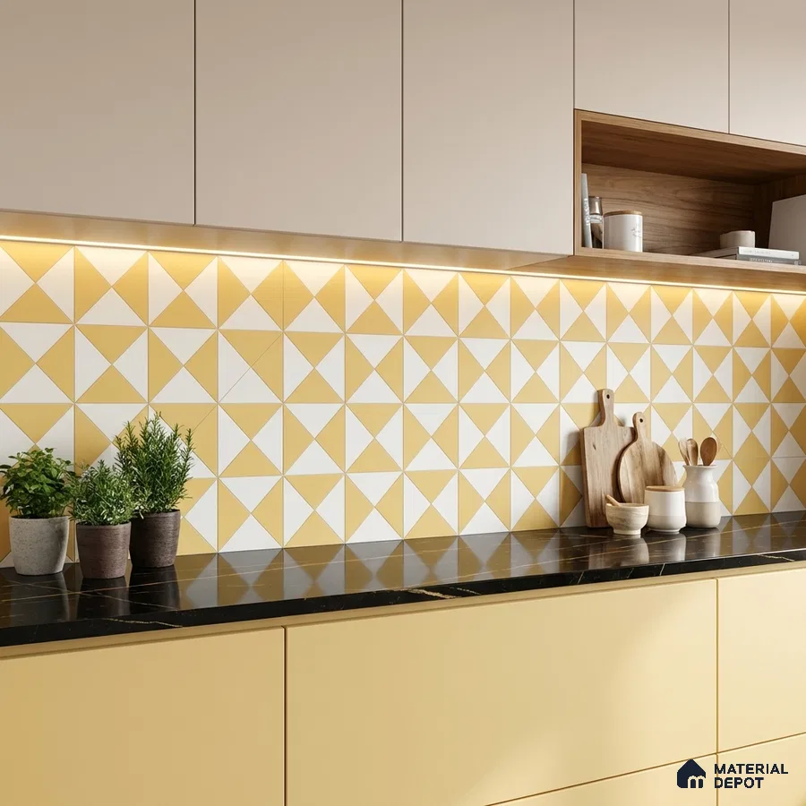Modern kitchen with yellow geometric backsplash tiles, black marble countertop, and pastel yellow laminate cabinets