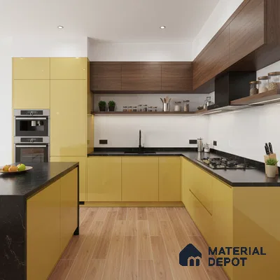 Modern kitchen with yellow high gloss laminate, walnut wood laminate, and black quartz countertop in Bengaluru