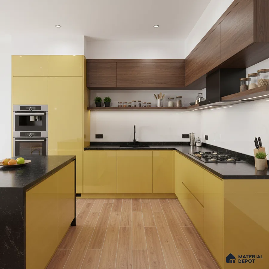 Modern kitchen with yellow high gloss laminate, walnut wood laminate, and black quartz countertop in Bengaluru
