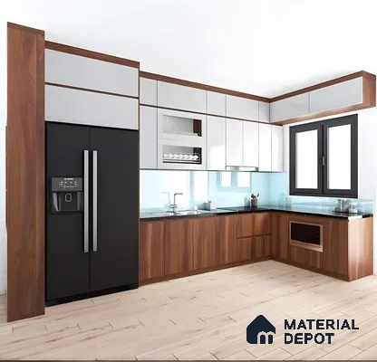 Modern L-Shaped Kitchen With Glossy White And Walnut Finish | Material Depot