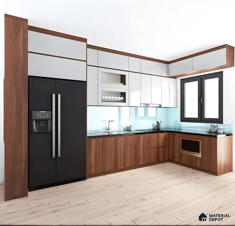 Modern L-Shaped Kitchen With Glossy White And Walnut Finish | Material Depot