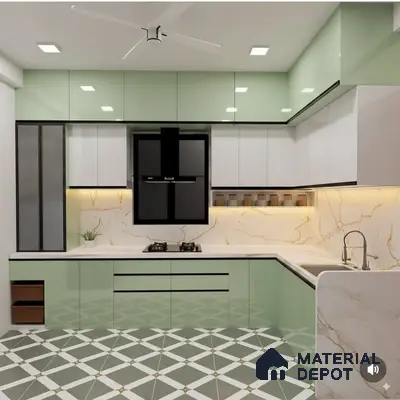 Modern L-Shaped Kitchen with Green Cabinets and Marble Backsplash in 3BHK Apartment, Sumadhura Silver Ripples Whitefield | Material Depot