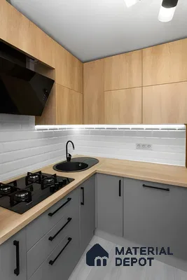 Modern L Shaped Kitchen With Grey Base Cabinets And Oak Upper Storage | Material Depot