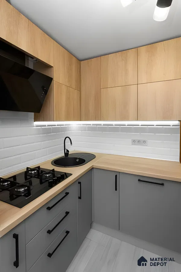 Modern L Shaped Kitchen With Grey Base Cabinets And Oak Upper Storage | Material Depot