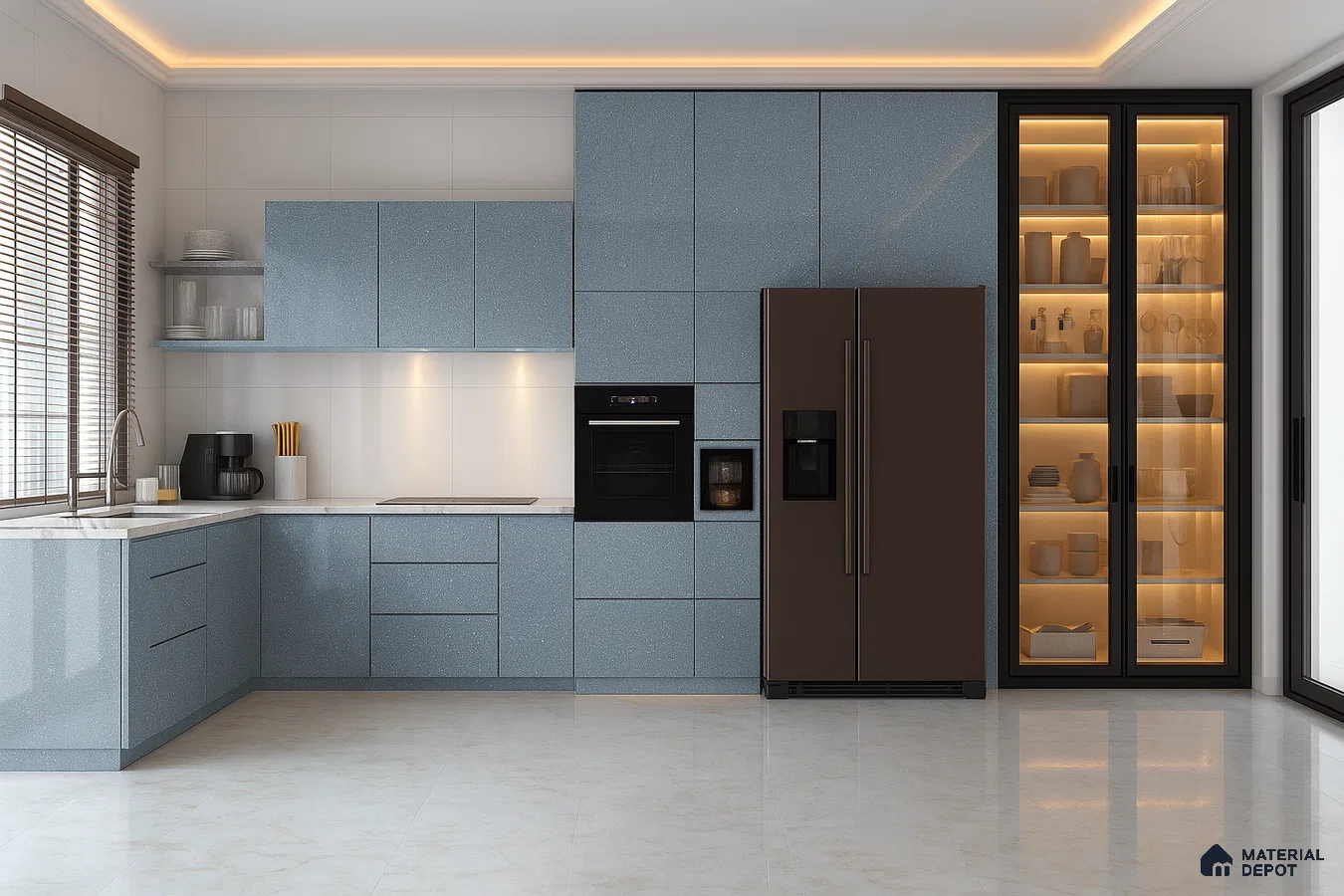 Contemporary Wardrobe with Chevron Pattern Wood Laminate and Matte Grey Panels | Material Depot
