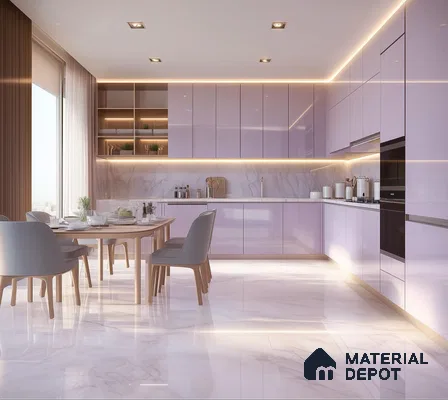 Modern Lilac Kitchen with Glossy Finish and Marble Accents | Material Depot