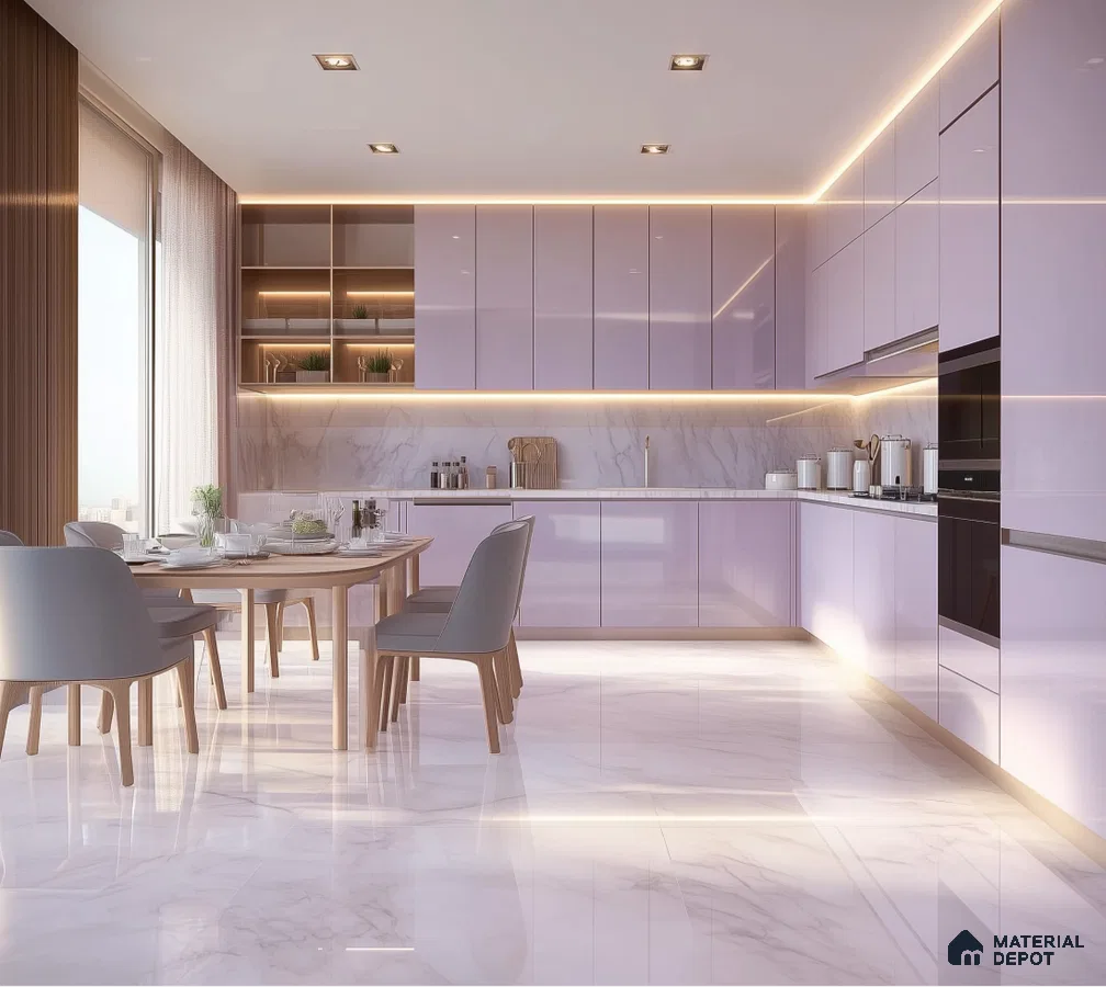 Modern Lilac Kitchen with Glossy Finish and Marble Accents | Material Depot